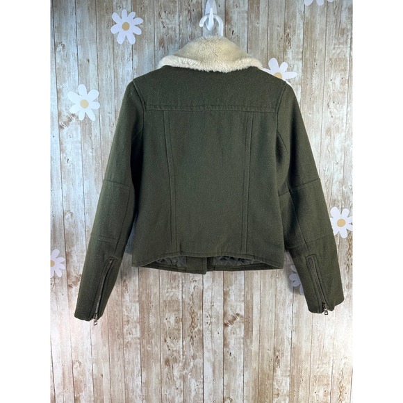American Eagle‎ Womens Moto Jacket Sz Small Dark Moss Green Wool Blend Faux Fur - Picture 2 of 12